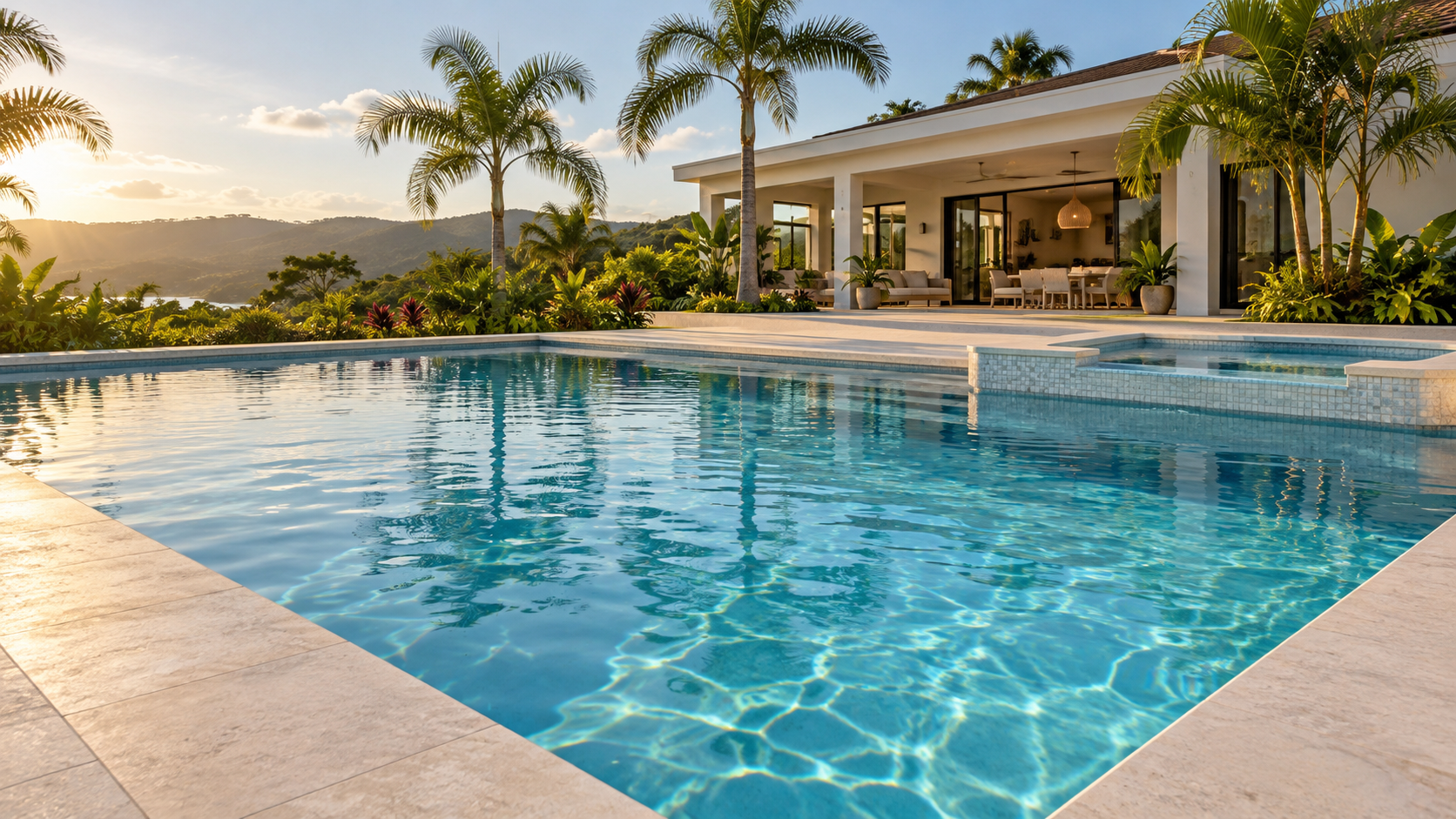 Imagen ilustrativa de una piscina y spa en un jardín tropical
